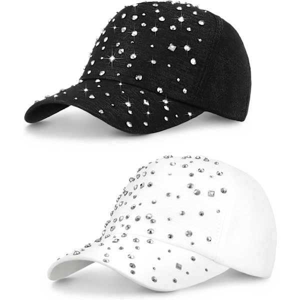 2 Pcs Adjustable Breathable Rhinestone Baseball Cap for Women Men Sequins