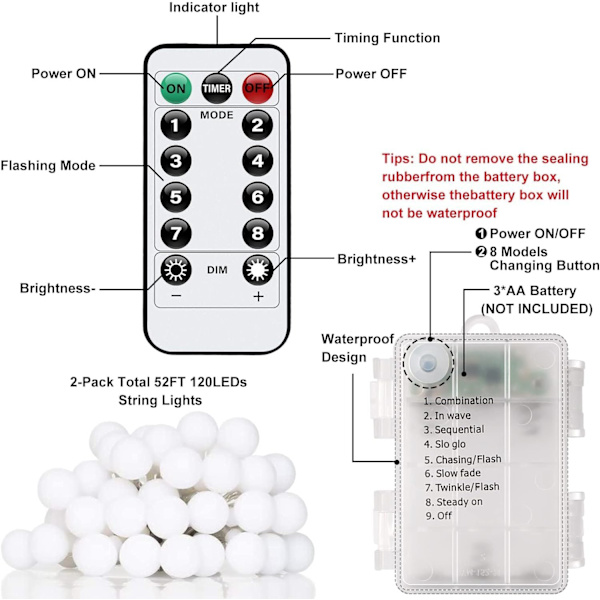 Batteridrivna ljusslingor sovrum - 52FT 2-pack 120 LED-drivna ljusslingor Vattentät 8 lägen med fjärrkontroll och timer för inomhus utomhus