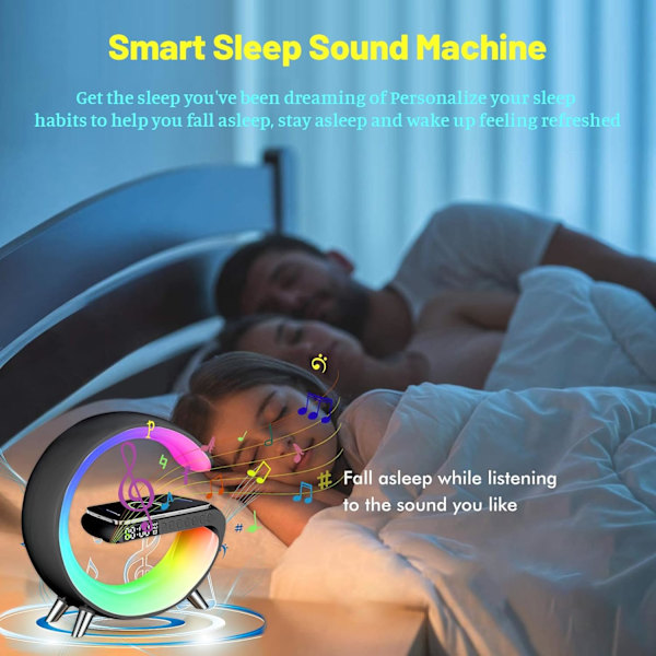 Vækkeur med trådløs opladning Bluetooth-højttaler, G-formet 4 i 1 trådløs oplader natlyslampe, intelligent LED-bordlampe, smart sort