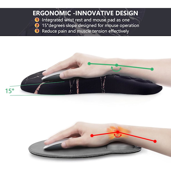 Musmatta handledsstöd, ergonomisk musmatta med handledsstöd, bekväm datormusmatta för bärbar dator, smärtlindrande musmatta med halkfri PU