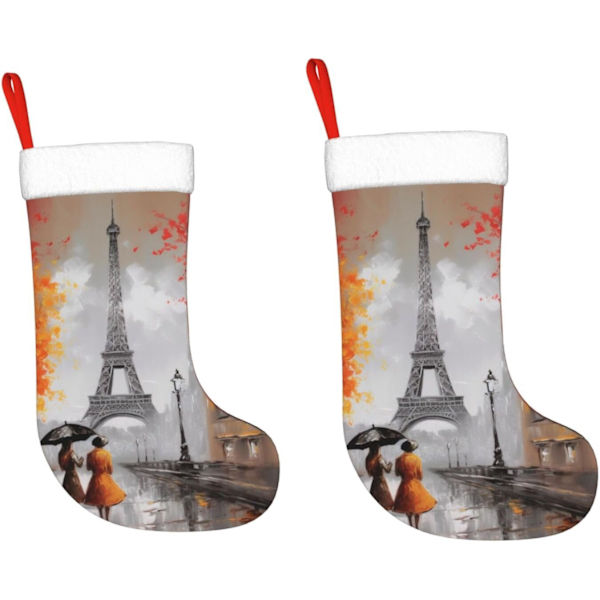 Eiffeltornet Paris Måleri Tryck Julstrumpa Julpynt Kaminhängande Julstrumpor för Familj Semester Julparty Dekorationer 45 cm