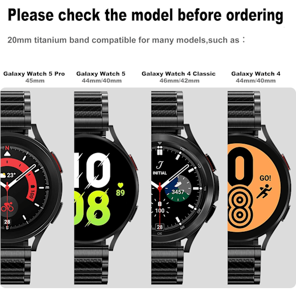 20mm Titanium Rem til Galaxy Watch 6 Classic 47mm 43mm/4 Classic 46mm 42mm Galaxy Watch 5 Pro 45mm, 20mm Hurtigudløsning