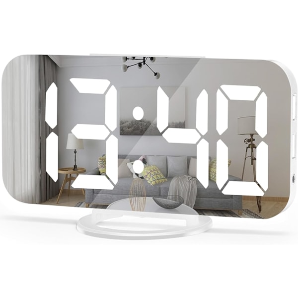 Digitalt vækkeur, 6,6\" stort spejl LED-ur med dobbelt USB-opladerporte | Nem snooze-funktion | 3 justerbar lysstyrke egnet til