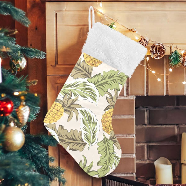 Julklapp, personliga julklappsstrumpor 2-pack tropisk gul ananas bruna palmblad sommar strand blommig 45,7 cm julstrumpor