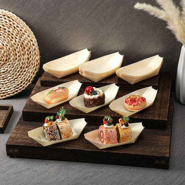 1000 st Engångs Trä Båt Tallrikar Fat 4 Tum Bambu Tallrikar Sushi Båt Engångs Bambu Löv Fat Serveringsbricka Matbehållare Träskål För