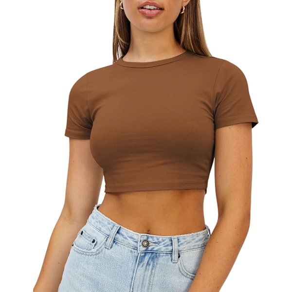 Womens Crop Tops Söt sommar Scoop Neck Basic T-shirts Slim Fit Trendig