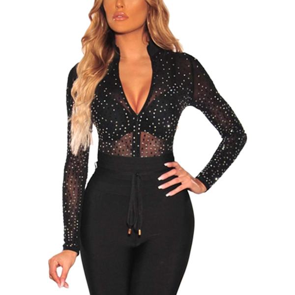 Bodystocking Sexet Langærmet Gennemsigtig Mesh Jumpsuit Top Leotard