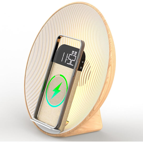 Soloppgang Vekkerklokke Vekkelyset, Bluetooth-høyttaler, Trådløs lading, Hvit støy, Sengelampe, Soverom, Snooze & Søvnhjelp, Ideell for gave Tre
