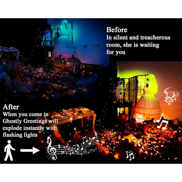 LED-lysslynger med skummel musikk, bevegelsessensor Halloween-lys utendørs vanntett oransje lys med lyder for Halloween-dekorasjon jul