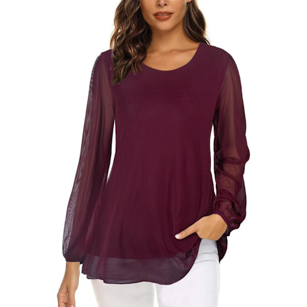 Damruffle långärmad blus ärm mesh blus lös flytande toppar med
