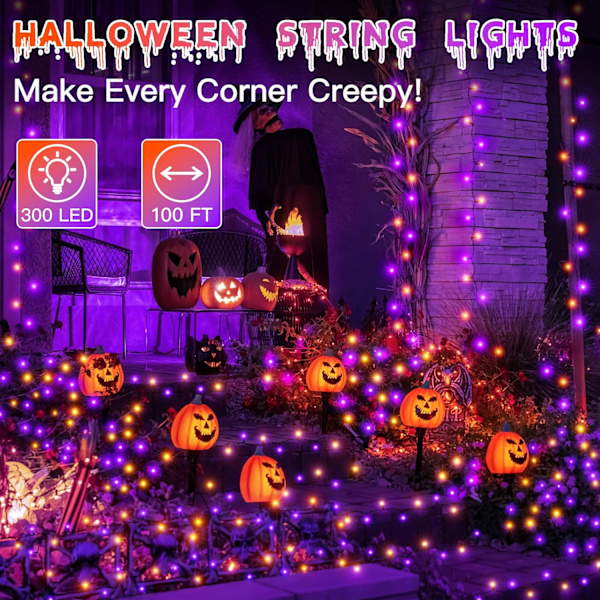 Halloween-lys utendørs, 300 LED 100FT oransje og lilla med 8 moduser timer, plugg inn Halloween-lyskjede for innendørs utendørs husgård