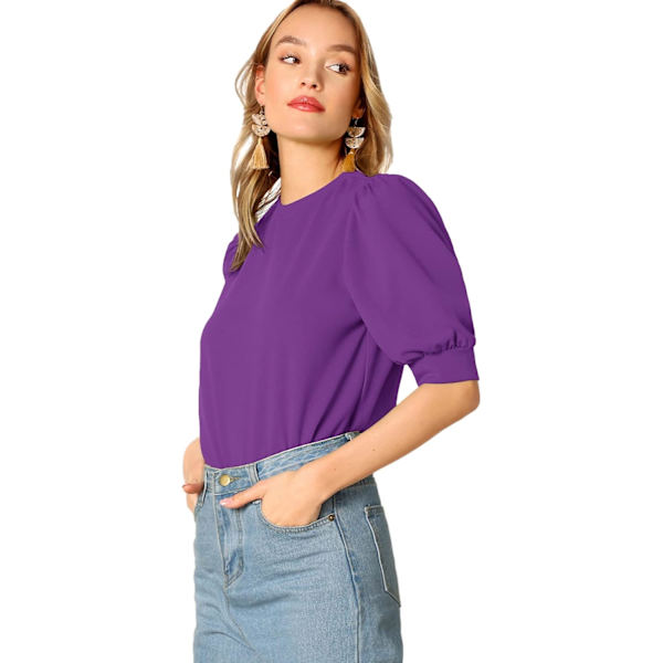 Kvinnors puffärm casual solid top pullover nyckelhålsbaksida blus