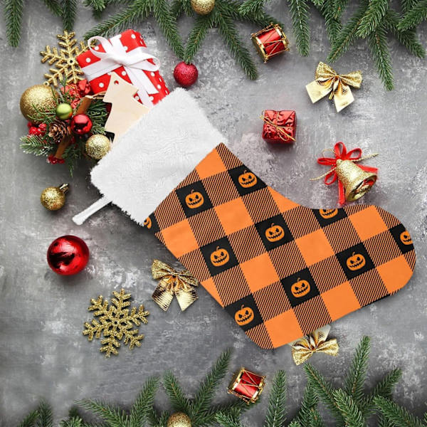 Julklapp, personliga julklappsstrumpor set om 2 Halloween svart rutig orange pumpor 45,7 cm julstrumpor hängande dekoration
