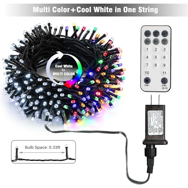 Färgförändrande julbelysning, 65,67 fot 200 LED kallvit och flerfärgad julbelysning, 11 lägen fjärrkontroll dimbar 24V säker adapter utomhus cool