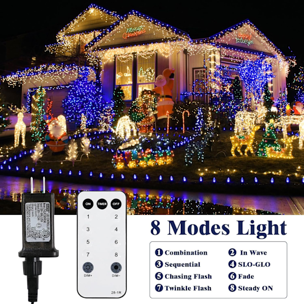 Julelys med fargeskift, 328FT 800 LED juletrærlys utendørs med 8 moduser og timer, RF fjernkontroll vanntett RGB RGB