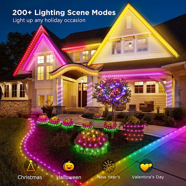 65ft Lyslenke, 200 LED Lys Fargeskiftende Lyslenke Vanntett, 200+ Forhåndsinnstilte Scenemoduser, Smart App & Fjernkontroll for Innendørs Utendørs Jul