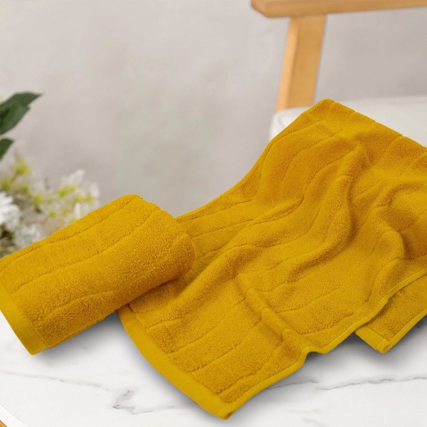 Søde håndklæder sæt med 4 (sennepsgul bølget stribet Jacquard), bomuld blød og åndbar, 2 badehåndklæder 27,5x55 tommer, 2 håndklæder 13x29 tommer