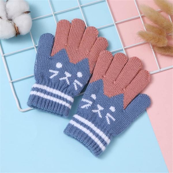 Söta kattdesign stickade handskar för barn - Vintervarma stretchiga handskar