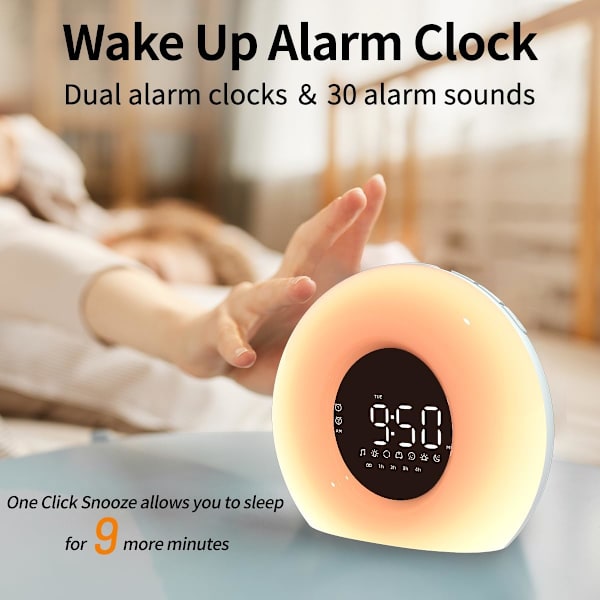 Vækkeur med solopgangssimulering og solnedgangssimulering 25 naturlige sovelyde 13 farver natlys dobbelte alarmer snooze-funktion søvn