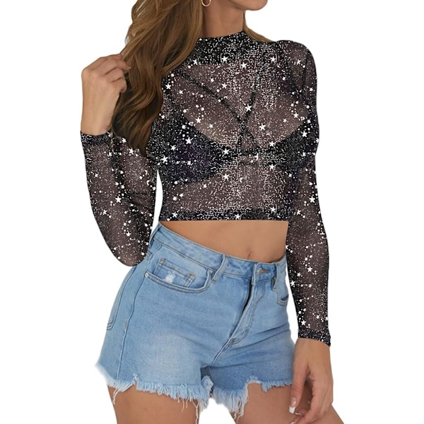 Kvinners kort ermet lang ermet gjennomsiktig mesh crop tops t-skjorte bluse
