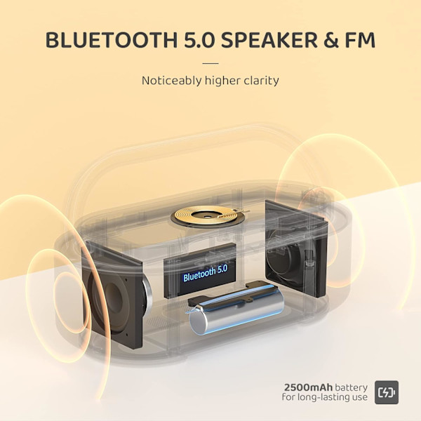 Bluetooth-højttaler-vækkeur med trådløs oplader, LED-nattelys, 2500 mAh batteri - til soveværelse, hjem i træ