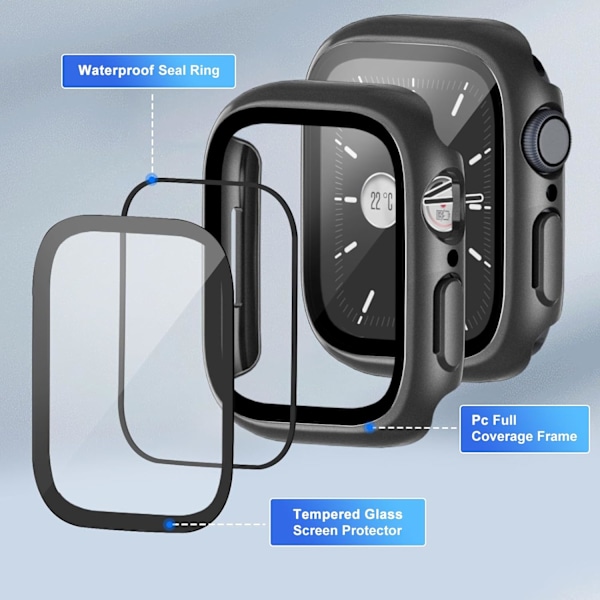 2-pakning Vanntett PC-deksel med skjermbeskytter i herdet glass, kompatibel med Apple Watch SE/Series 6/5/4 40 mm, full dekningsbeskyttelse, anti-