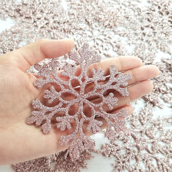 36 stk. julepynt i roségull med snøfnugg i plast med glitter