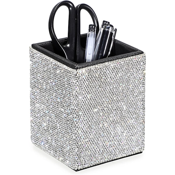 Crystl Glitter n Hållare för Skrivbord Bling Rhinestone Penna Hållare Box Dekorativ Makeup Borstar Hållare Stor Vit