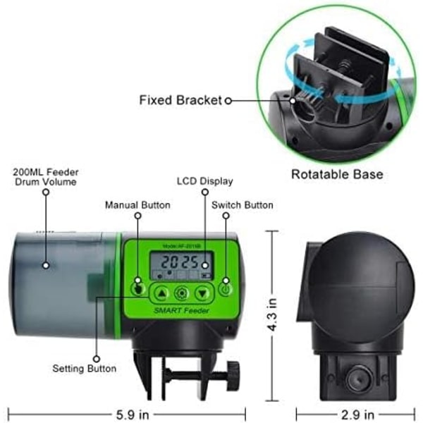 wxsp Automatisk foderautomat, akvarium, fiskefoderdispenser med timer, foderautomat til akvarier, 200 ml kapacitet, foderautomat, automatisk fiskefoderautomat til akvarium,