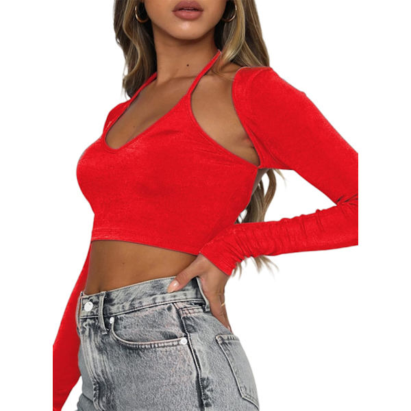 Kvinners Sexy 2 i 1 Cut Out Halter Lang Ermet Avling Top T-skjorte