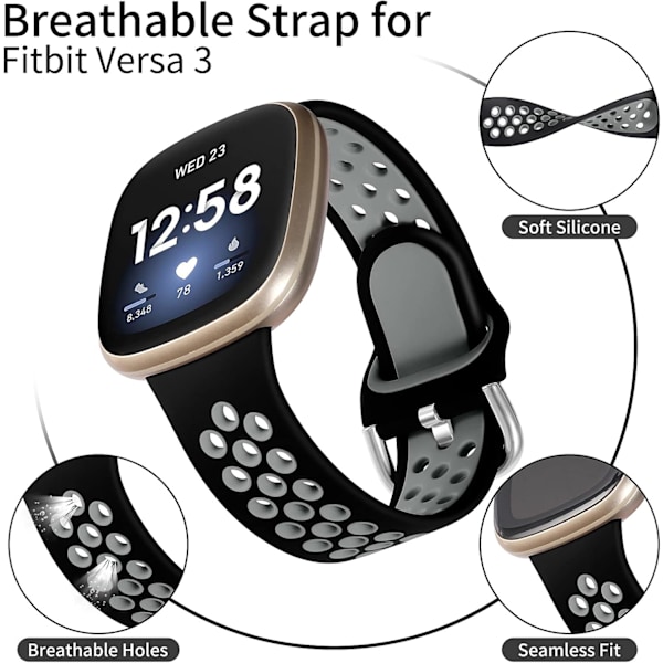 Sportslig silikonrem for Fitbit Versa 3/Sense - Utbyttbart armbånd som puster