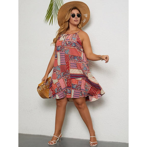 Kvinnors Plus Size Boho Paisley Patchwork Print Volang Kant Ärmlös Halterneck