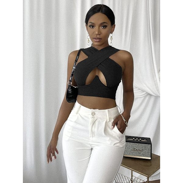Kvinde Crisscross Cut Out Vest Halter Wrap Crop Top Solid Cami Tank Tops