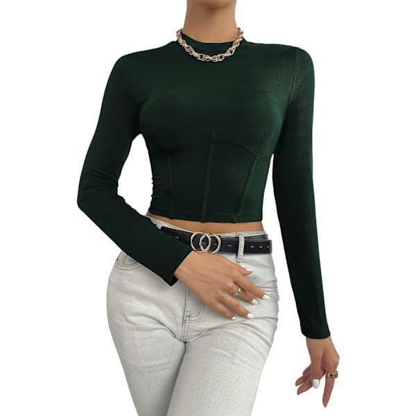 Kvinnors Mock Neck Långärmad Ribbstickad Slim Fitted Crop