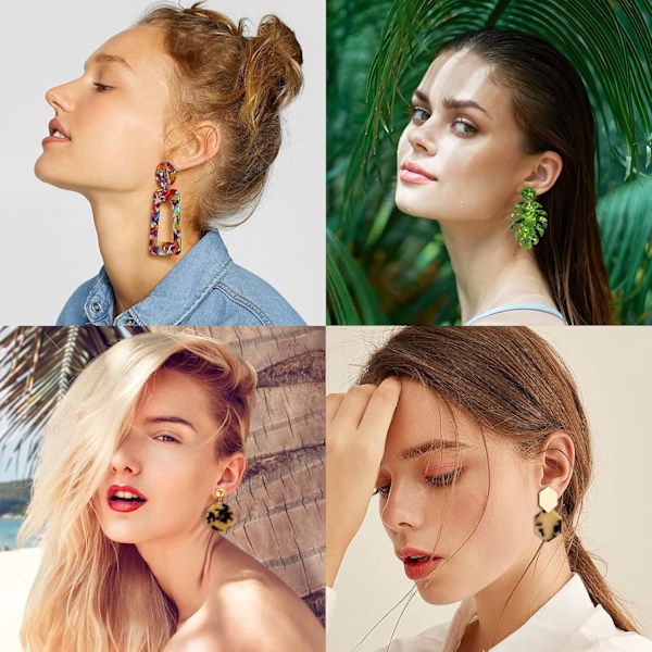 Akrylørhängen Set - Bohemia Resin Leaf Hoop Stud Dingle Ørhängen (9 par)