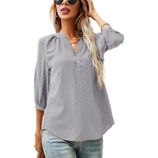 Kvinners Casual 3/4 Ermet Henley V-Hals Knapp Opp Plissert Rygg Bluser Sveitsisk