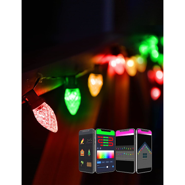 C7 julelys med tilpasset visning, 33FT app-kontrollerte forhåndsinnstilte moduser lysstrenger Bluetooth flerfarget RGB LED-lys, vanntett