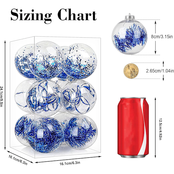 80MM/3,15\" Gennemsigtige Julekugler Ornamenter, 12 stk. Uknuseligt Plastik