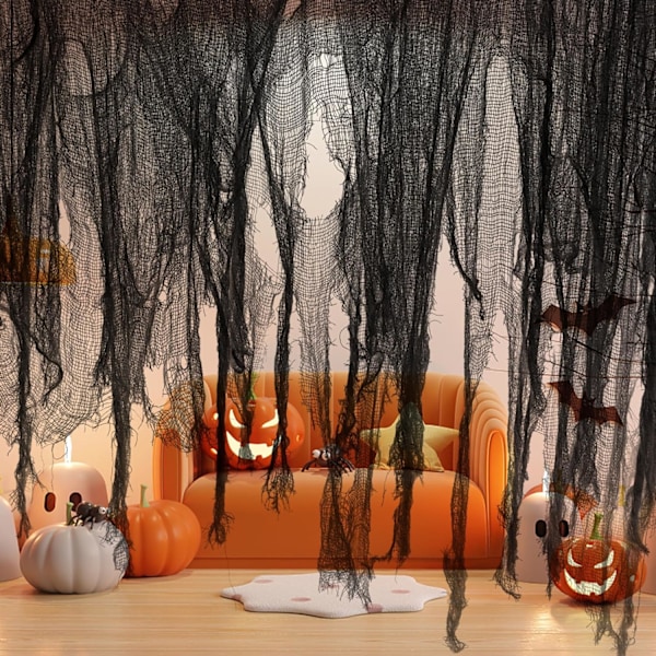 Stor storlek 400\" x 59\" Halloween Creepy Cloth - Svart Creepy Spooky Halloween ecorations - Stor storlek Scary Creepy Gauze för Halloween Party Supp