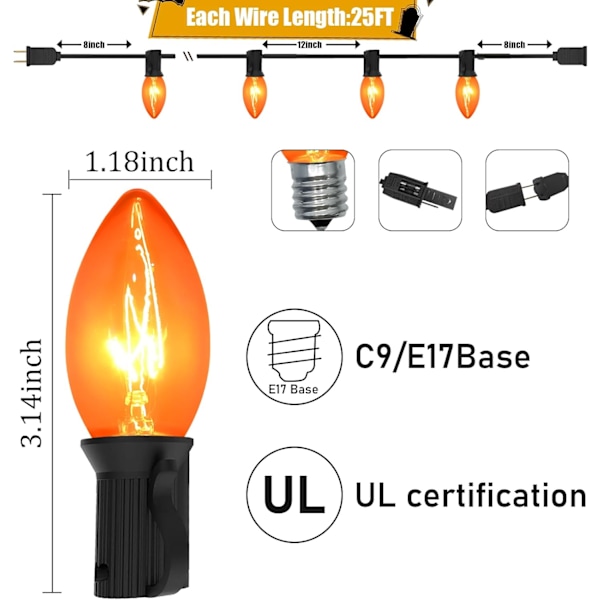 Klare orange Halloween-lys, 25FT 27 tæll Halloween C9 LED-lyskæde til indendørs/udendørs brug, til udendørs indendørs terrasse hjem fest have