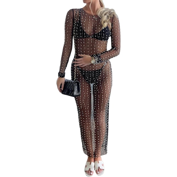 Gennemsigtig Mesh Perle Rhinestone Cover Up Kjole - Strand Badetøj Bikini Cover Ups