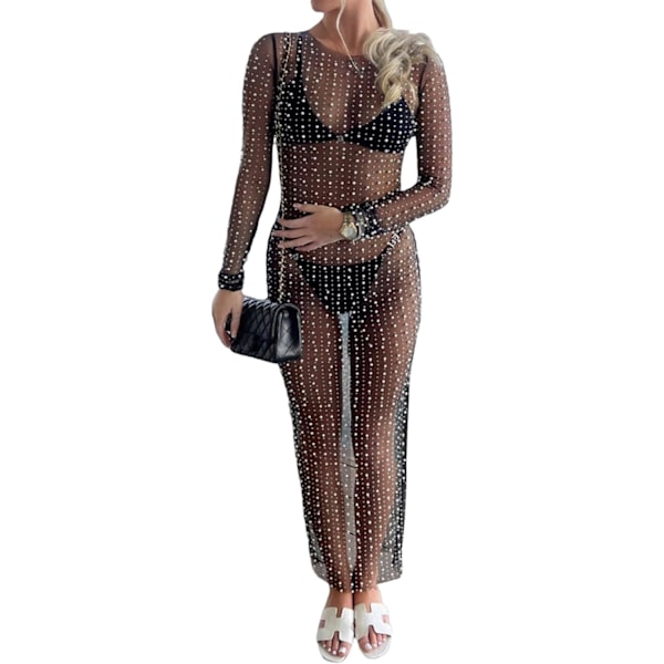 Gjennomsiktig Mesh Perle Rhinestone Cover Up Kjole - Strandbadetøy Bikini Cover Ups