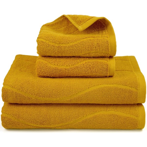 Søde håndklæder sæt med 4 (sennepsgul bølget stribet Jacquard), bomuld blød og åndbar, 2 badehåndklæder 27,5x55 tommer, 2 håndklæder 13x29 tommer