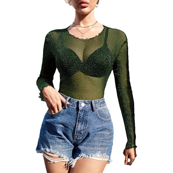 Kvinners Mesh Topp Lang Ermet Gjennomsiktig Skjorte Sheer Bluse O Hals Clubwear S-XXL