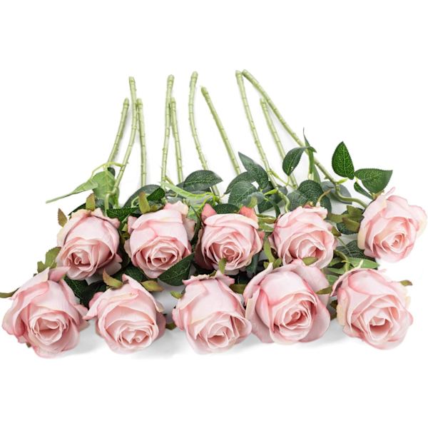 Kunstige roseblomster lang stilk - Pakke med 10, lys rosa