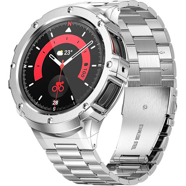 Rostfritt stål fodral och band kompatibelt med Galaxy Watch 5 Pro band 45mm (2022), justerbart massivt metallskydd robust fodral rem för klocka