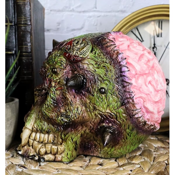 Ebros Day of The Dead Zombie Vampire Frankenstein Skull med öppen hjärna Figurine 6\" Lång Undead T Virus Infected Statue Dead Apocalypse Zombies