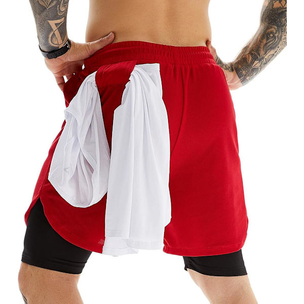 2-i-1 träningsshorts för män, 7 tum, lätta, atletiska gym shorts med