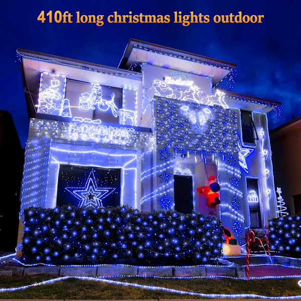 410 fot julelys utendørs, 1000 LED lange blå julelysdekorasjoner, vanntette juletrelys, fjernkontroll juleblå