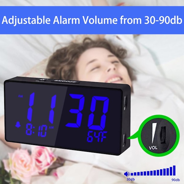 Skrivebords digital alarmklokke for soverom, blå 6\" LED-skjerm, med USB-port for lading, 000 % lysstyrke dimmer, temperatur, slumre, justerbar